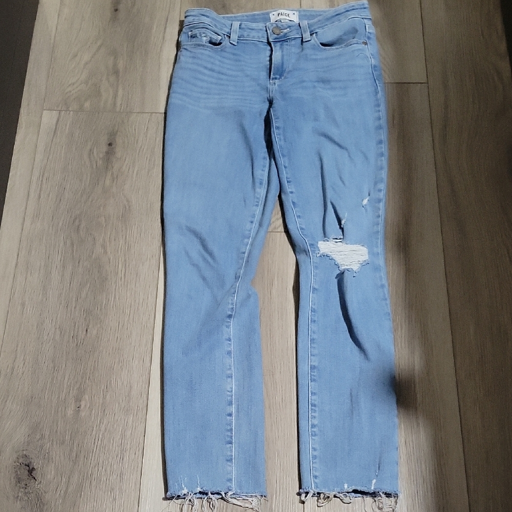 PAIGE Skyline Ankle Peg Light Blue Ripped Skinny Jeans 26